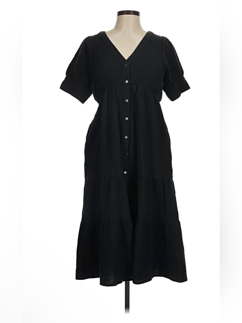 Madewell Black V-Neck Tiered Button-Front Midi Dress